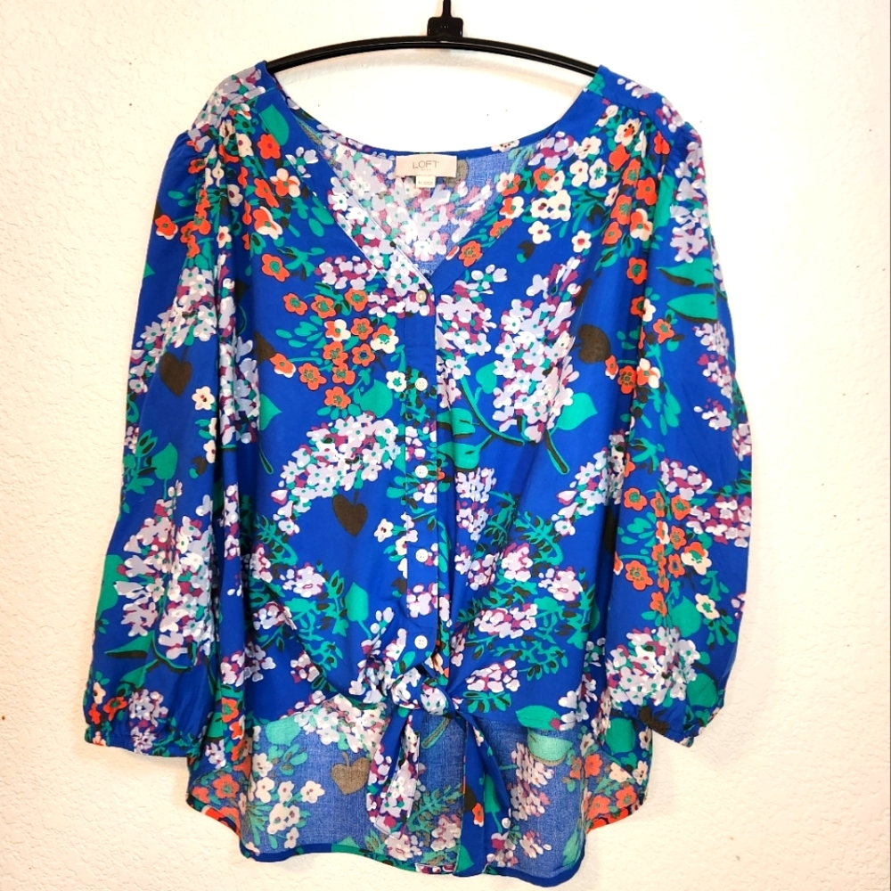 LOFT Women's Blue Floral Button-Up Top with Front Tie, Size M